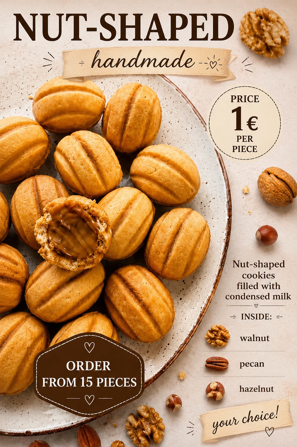 Nut-shaped cookies filled with condensed milk, with ordering, filling and price information