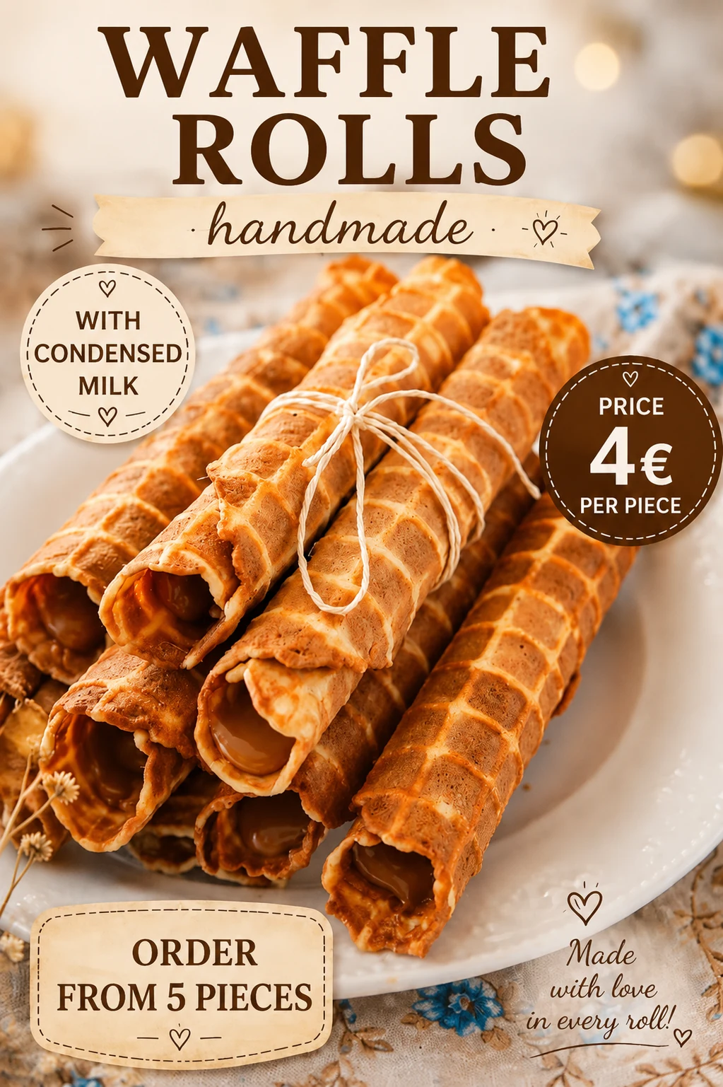 Handmade waffle rolls filled with condensed milk, with ordering and price information