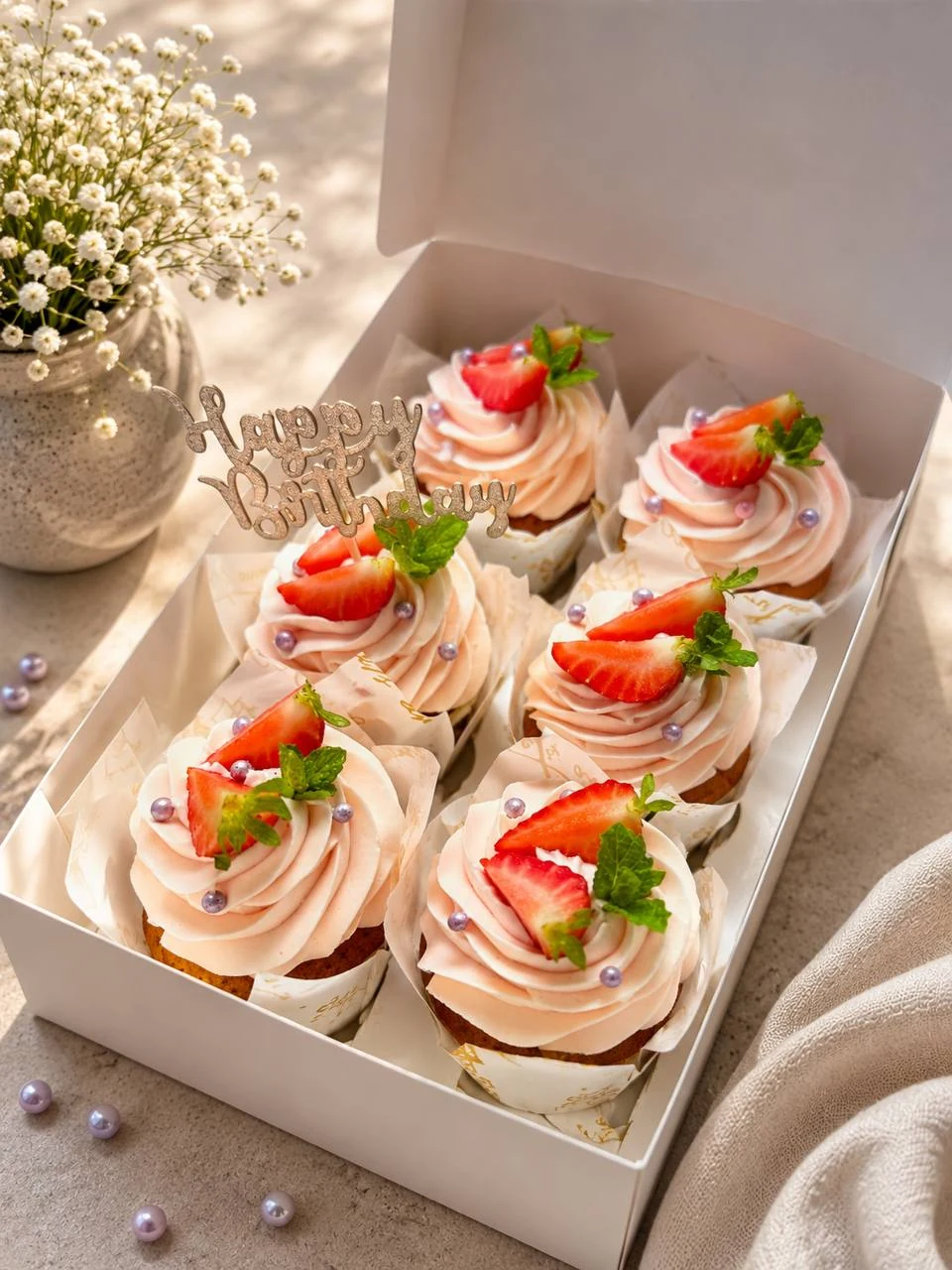 Strawberry cupcakes in a birthday gift box