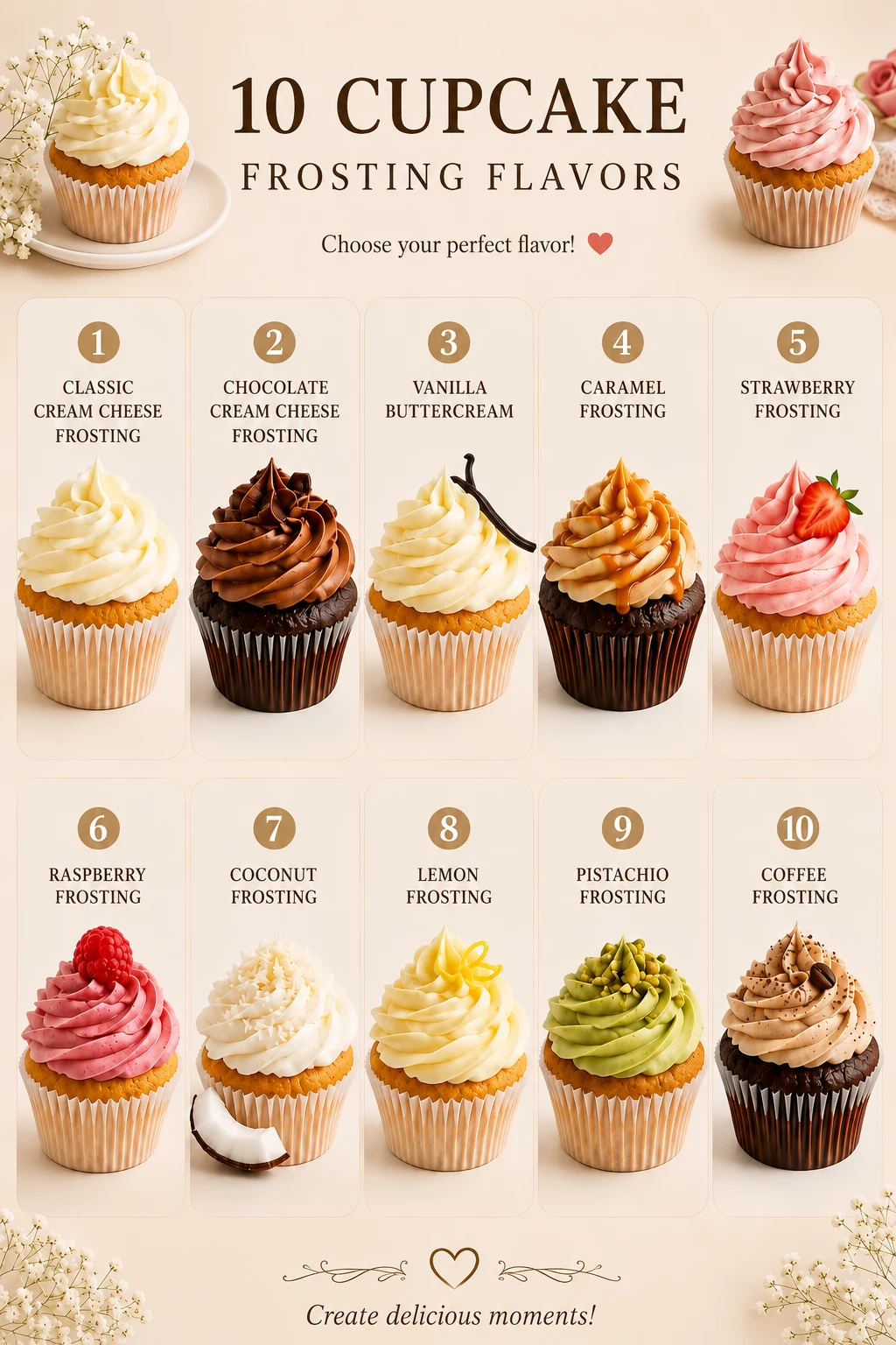 Ten cupcake frosting flavour varieties