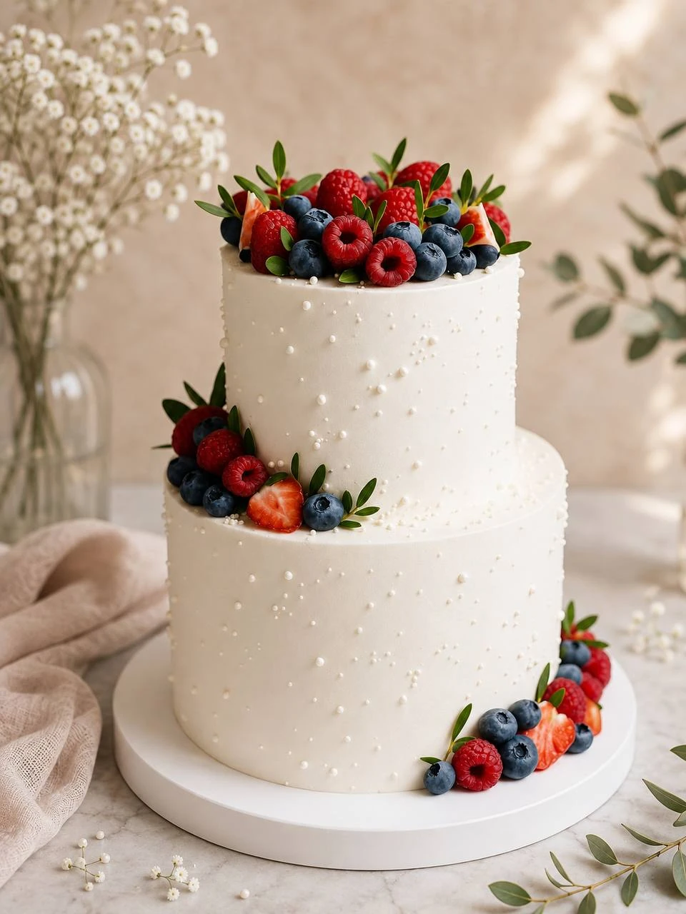 Elegant two-tier white cake decorated with strawberries, raspberries and blueberries