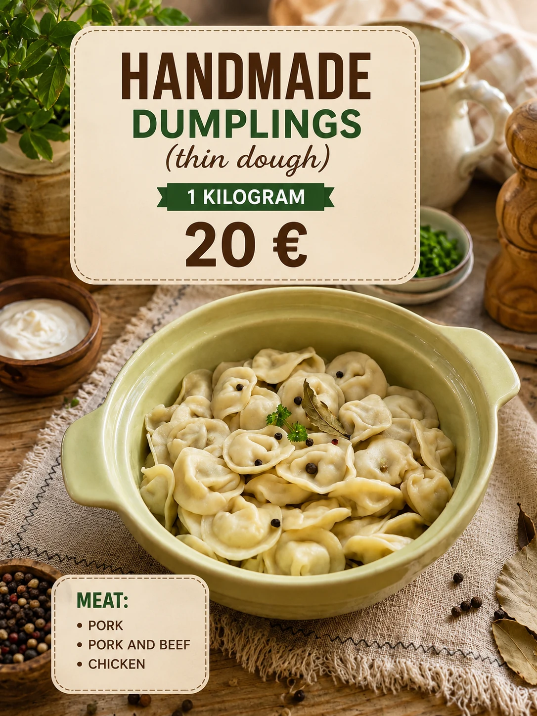 Handmade thin-dough dumplings with meat options and price in English