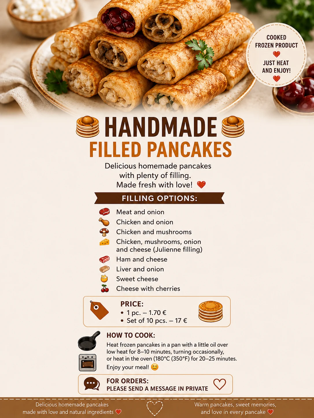 Handmade filled pancakes with filling options, prices and cooking instructions in English