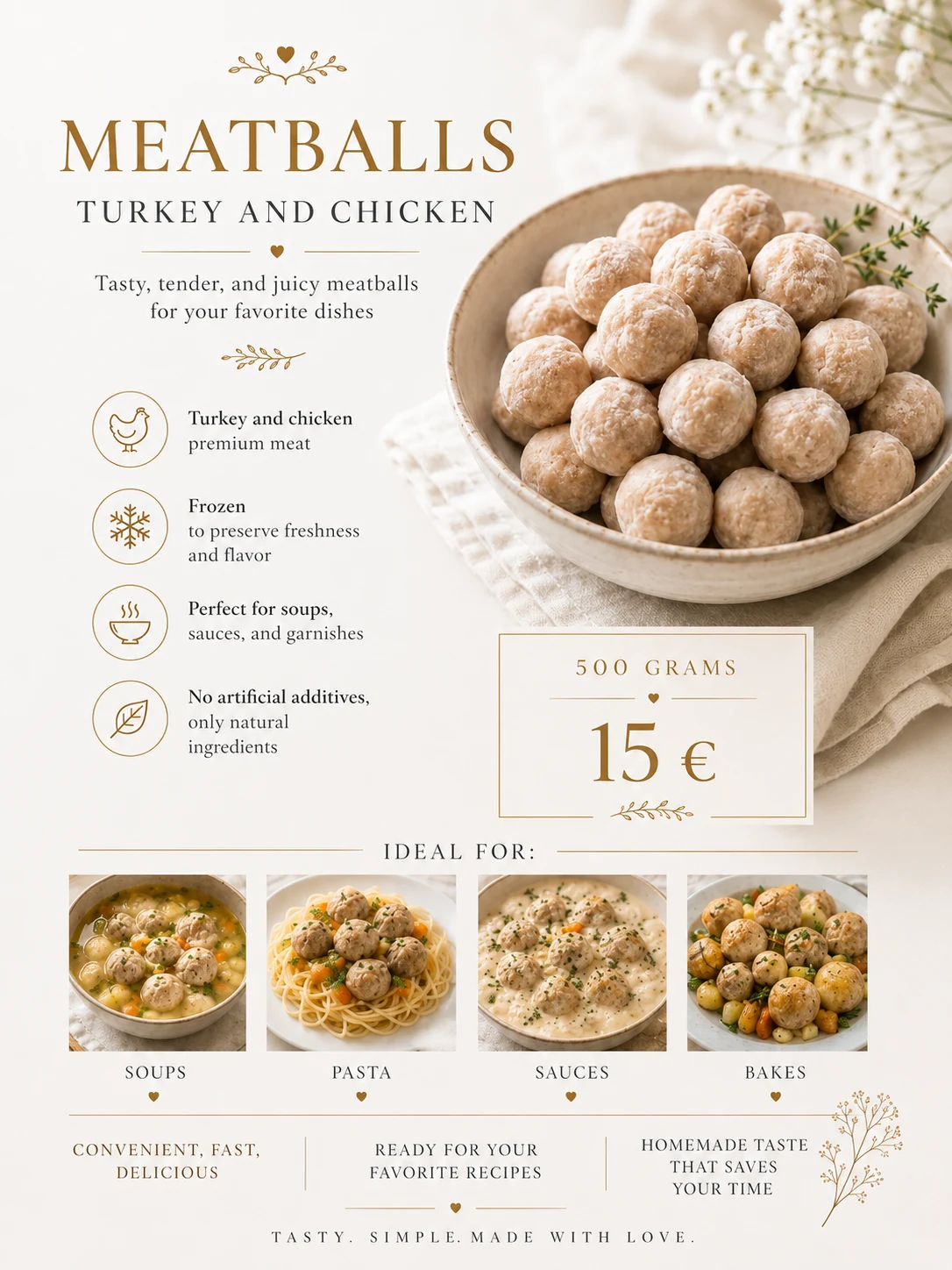 Turkey and chicken meatballs with price and serving ideas in English
