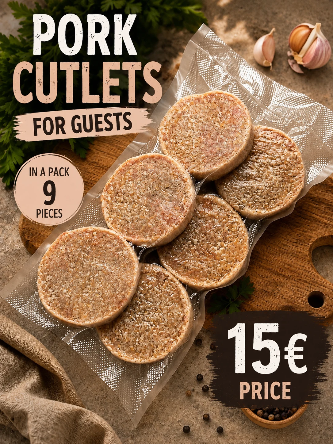 Frozen pork cutlets for guests with pack size and price in English