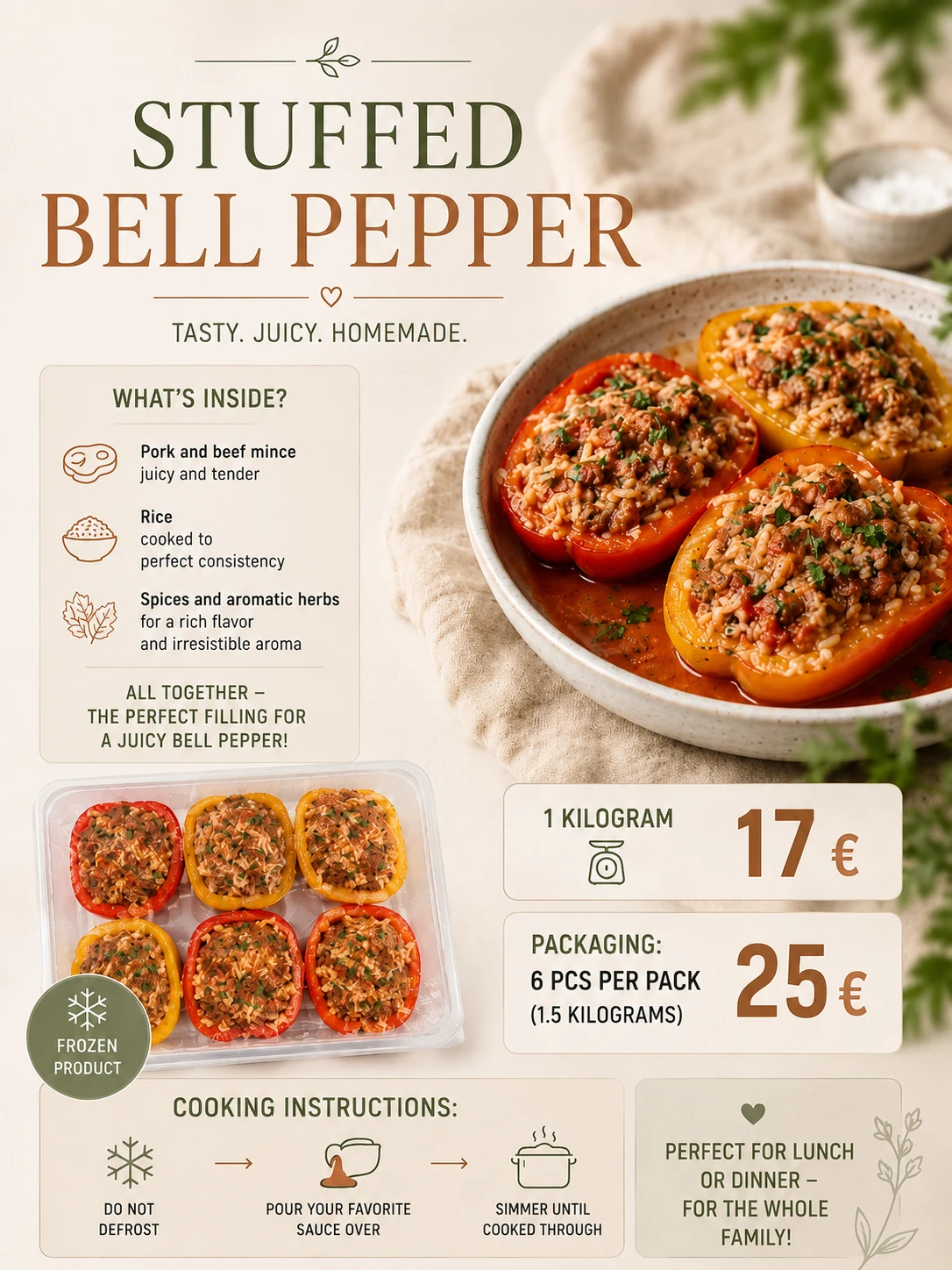 Stuffed bell peppers with pork and beef mince, rice, prices and cooking instructions in English
