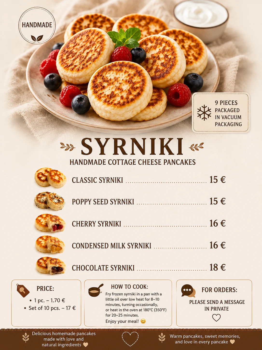 Handmade syrniki varieties with prices and cooking instructions in English