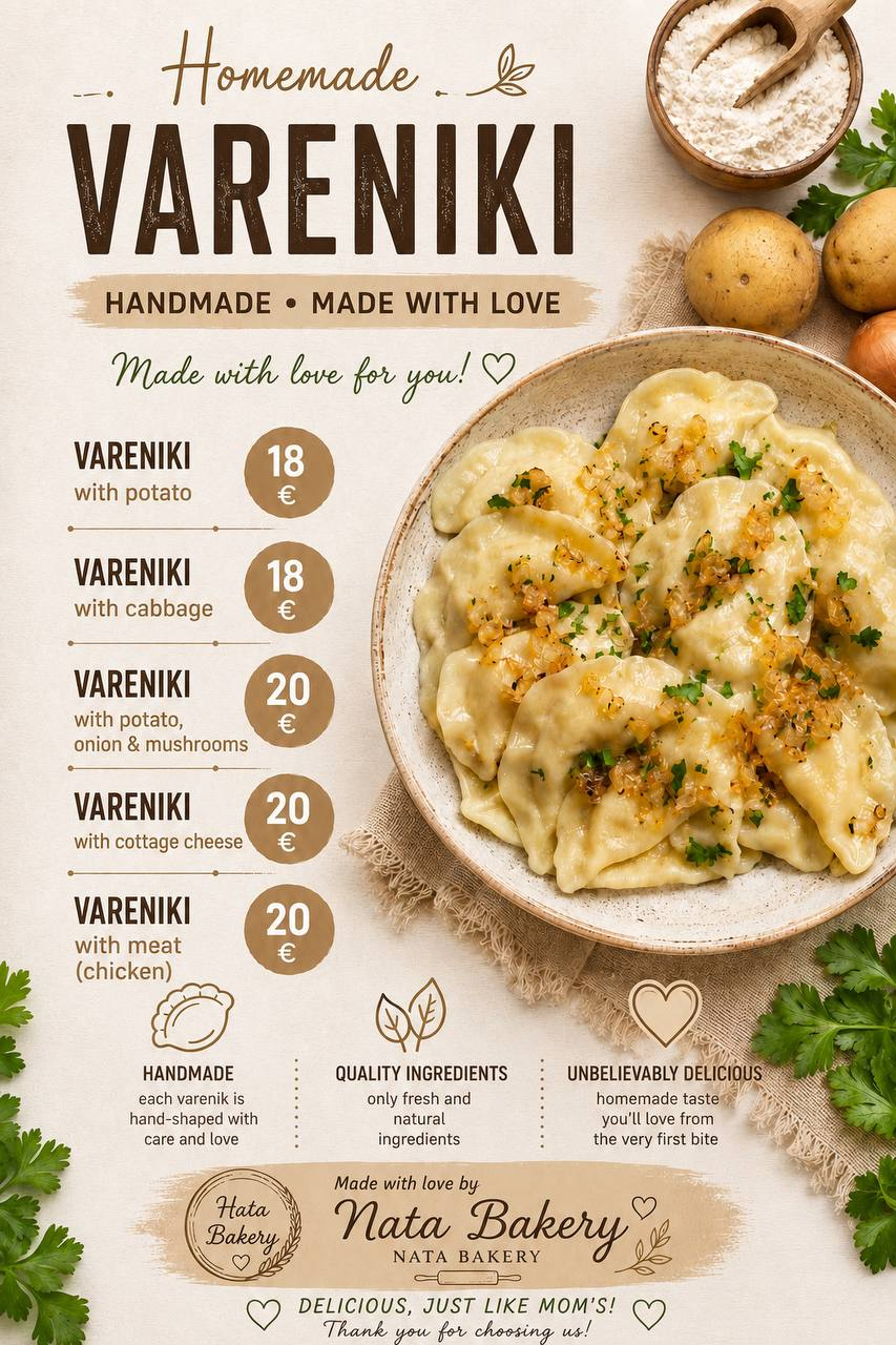 Homemade vareniki with potato, cabbage, mushrooms, cottage cheese or chicken, with prices