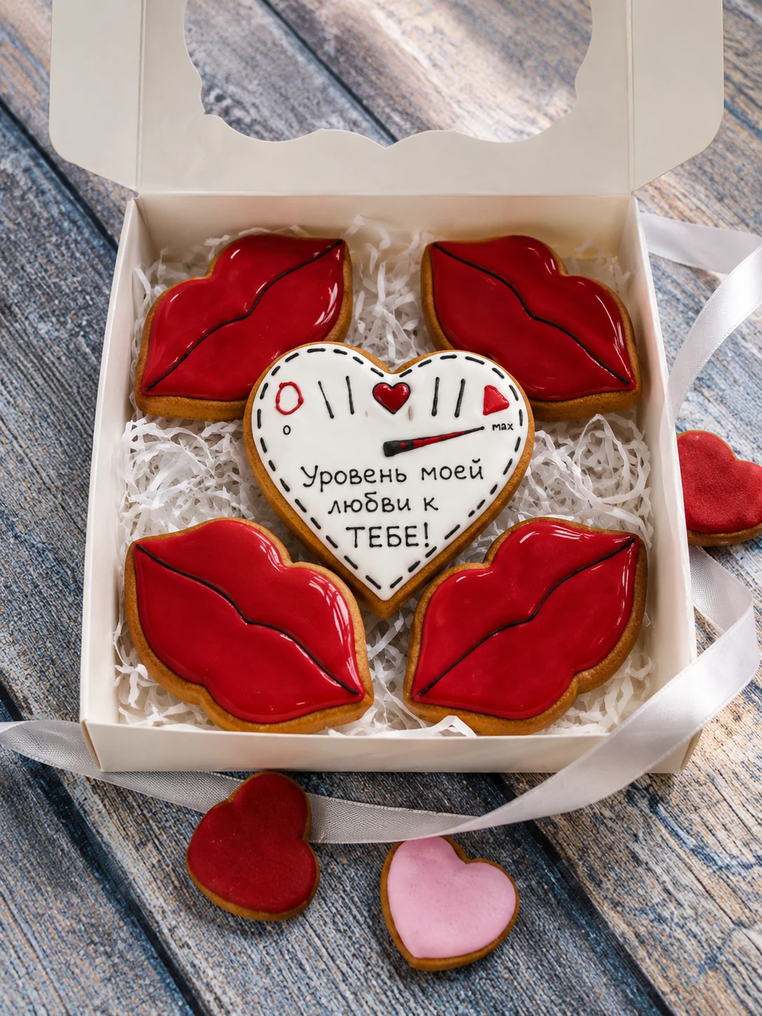 Valentine gingerbread gift box with red lips and a heart message