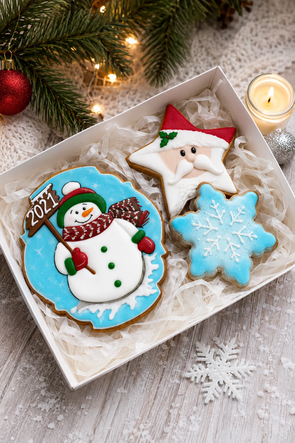 Christmas gingerbread gift set with a snowman, Santa and snowflake