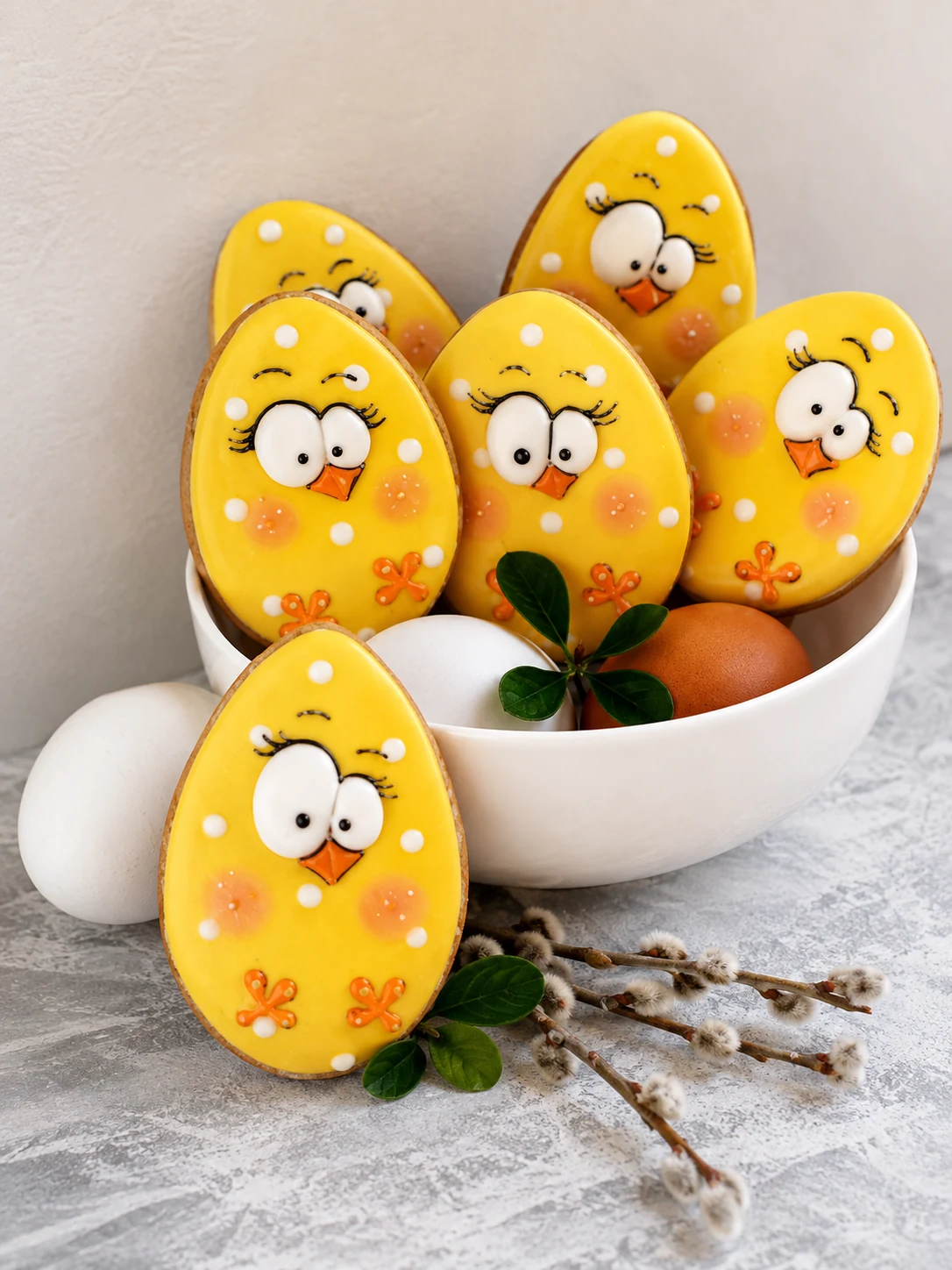 Yellow Easter chick gingerbread cookies arranged with eggs