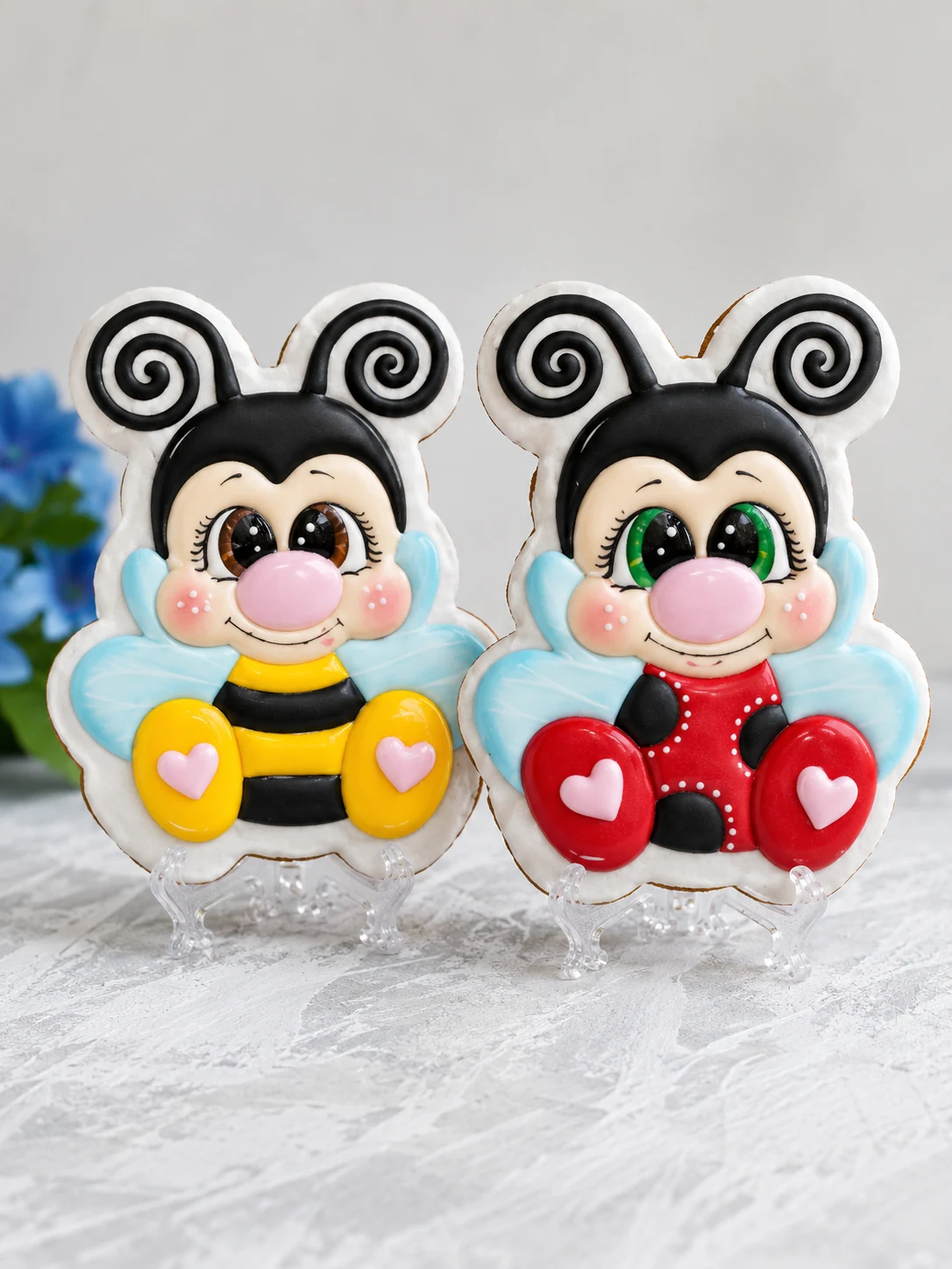 Colourful bee and ladybird character gingerbread cookies for children