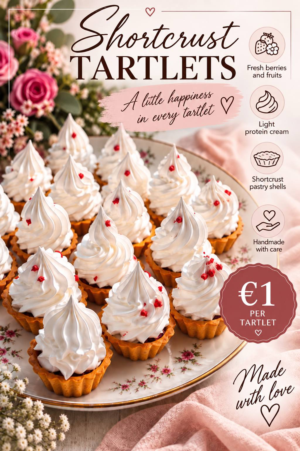 Shortcrust tartlets with berries and light egg-white cream, €1 per tartlet