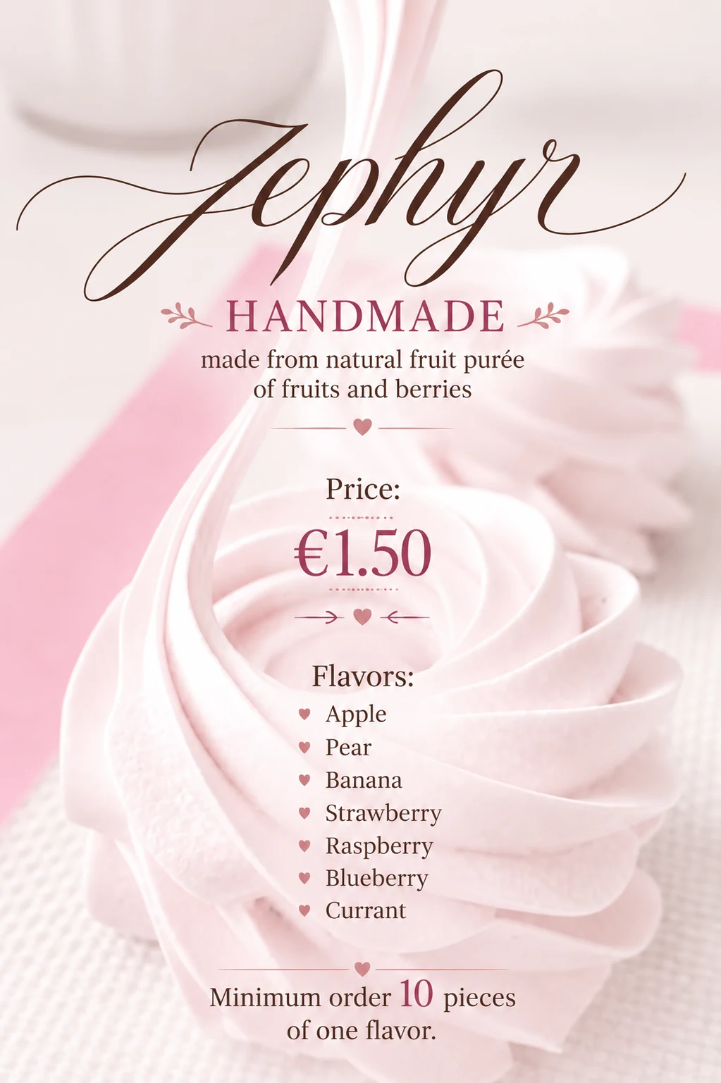 Handmade zefir flavours, price and minimum order information